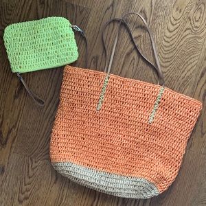 Orange Tan Woven Straw Beach Tote Bag with Pouch